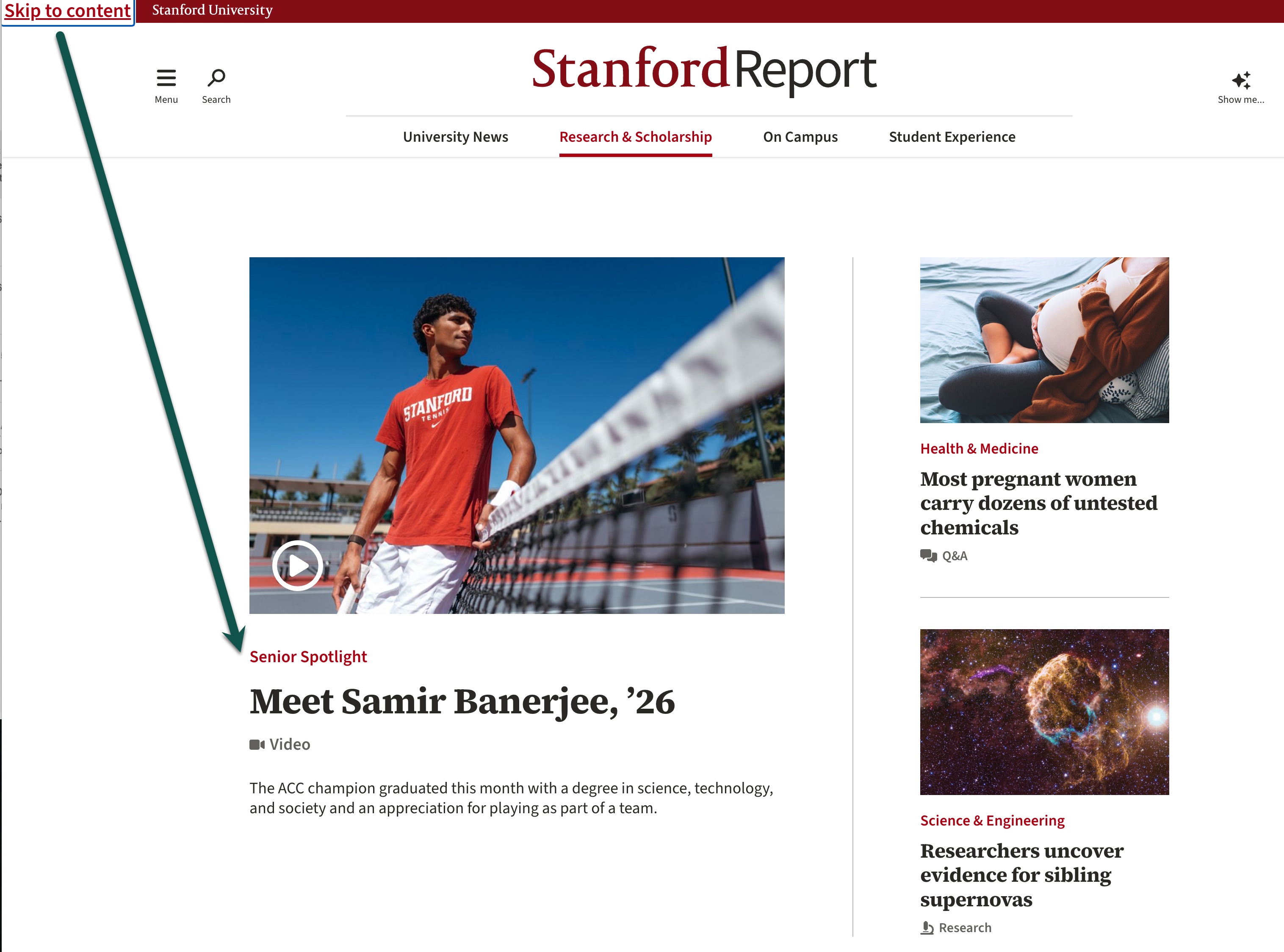 Stanford Report showing the exposed skip link and an arrow indicating the target of the first article.