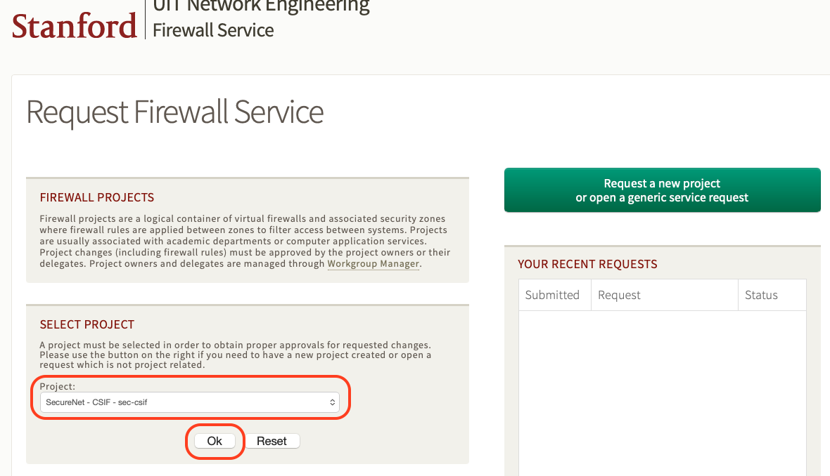 A project is select from the drop down menu and the 'ok" button is highlighted.