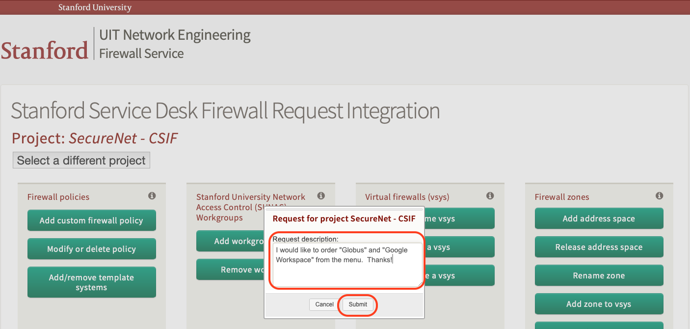 The "request description" prompt is open. Example text "I would like to order Globus and Google workspace from the menu. Thanks!" is in the description box. The "Submit" button is highlighted.