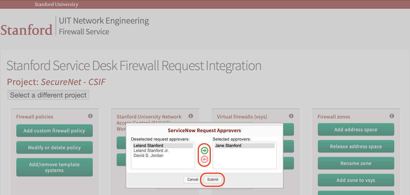 The ServiceNow Request Approves window shows deselected and selected approvers. Users use arrows to transfer approvers from deselected to selected. The "Submit" button is highlighted.