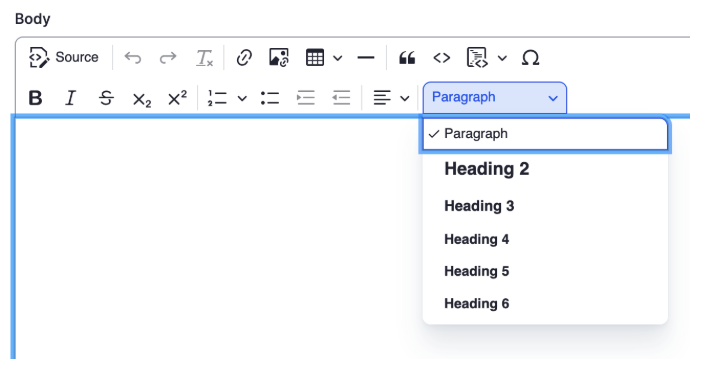 Screenshot of the Drupal styles editor with headings exposed.