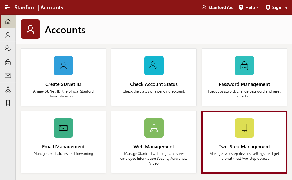 Stanford Accounts home page with Two-Step Management tile highlighted.