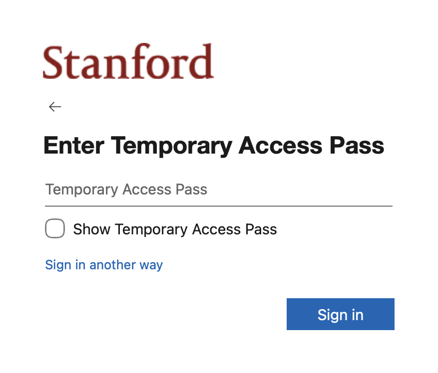 Page to enter Temporary Access Pass.