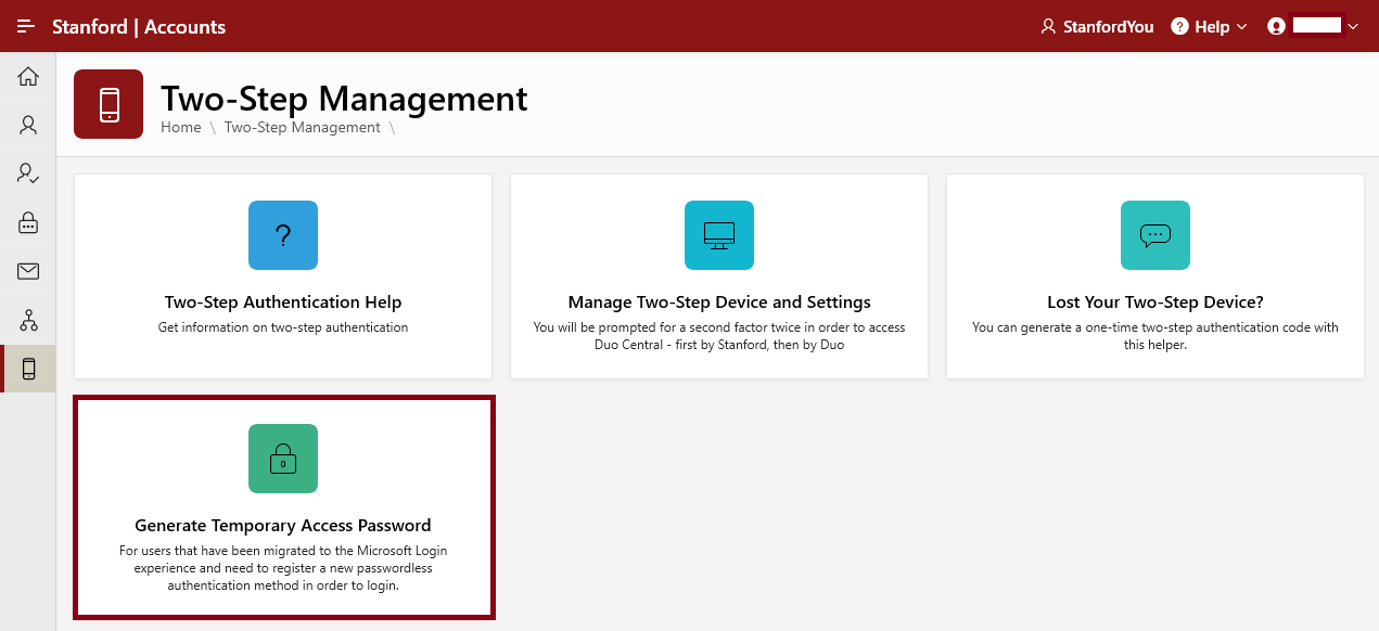 Two-Step Management page with Generate Temporary Access Password highlighted.