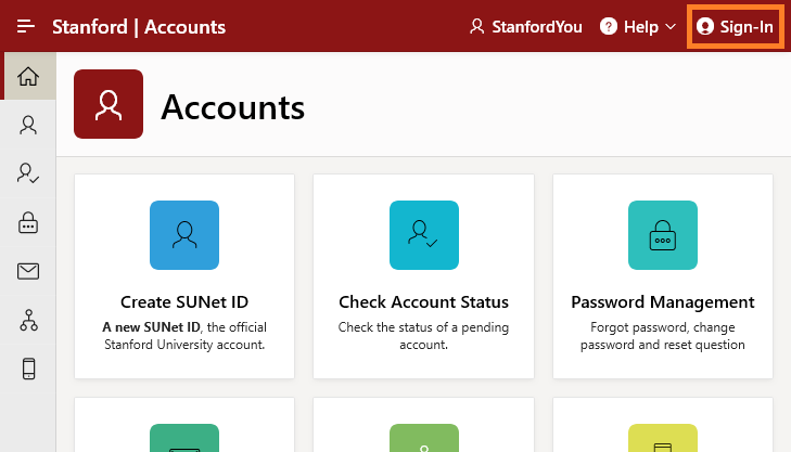 Stanford Accounts page with Sign-in button highlighted.
