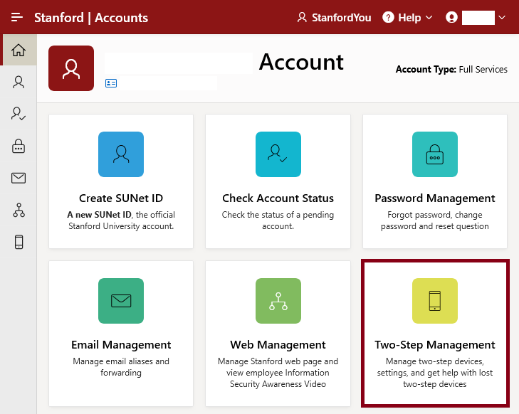 Stanford Accounts page with Two-Step Management tile highlighted.
