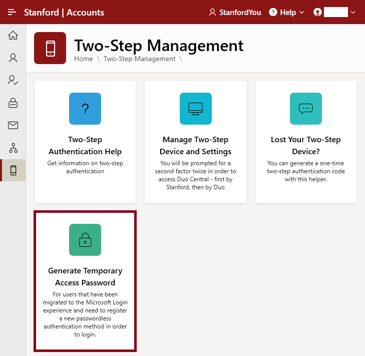 Two-Step Management page with Generate Temporary Access Password highlighted.