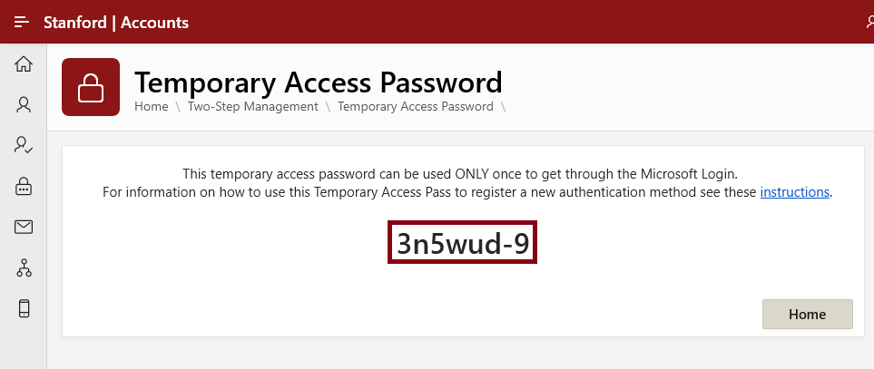 Temporary Access Password screen with the password highlighted.