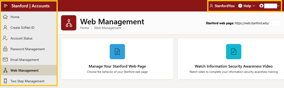 The Stanford Accounts left navigation panel and top right menu items highlighted