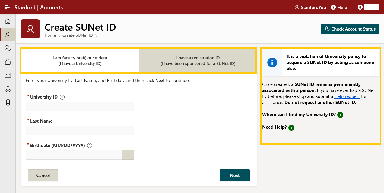 Tabs to create a SUNet ID for faculty, staff, students, or sponsees highlighted.