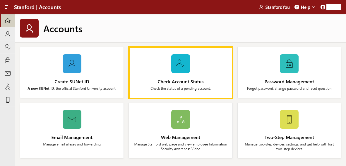 Stanford Accounts home page with Check Account Status highlighted.