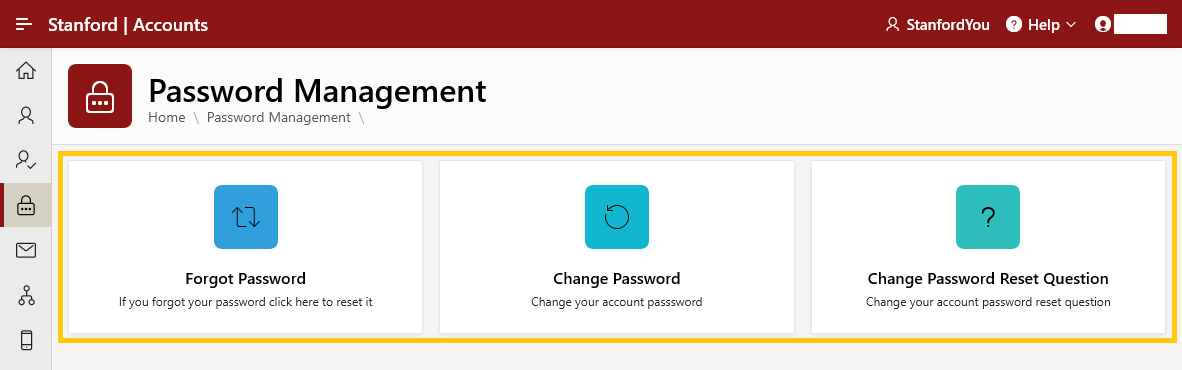 Options to manage your password through the Password Management tile highlighted.