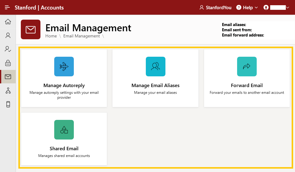Email Management options highlighted within the Email Management tile.