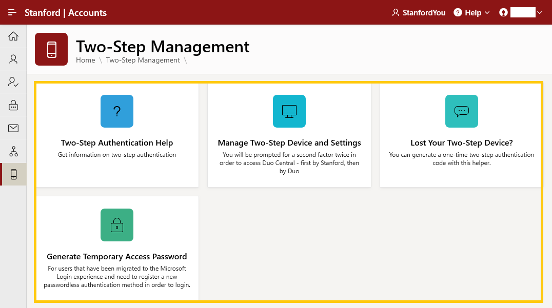 Two-Step Management tile with options highlighted.