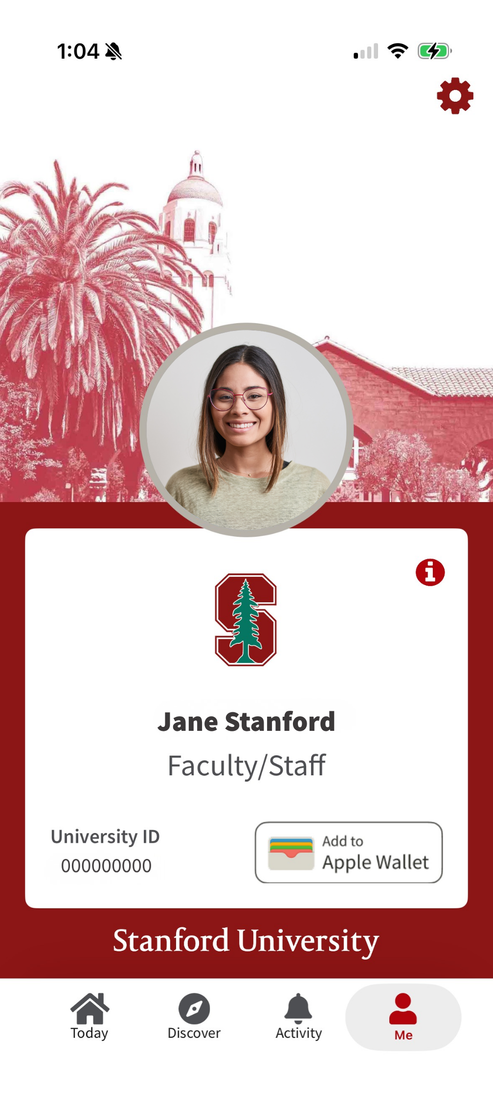 Me screen in Stanford Mobile app within iOS device. An "Add Apple Wallet" button is visible.