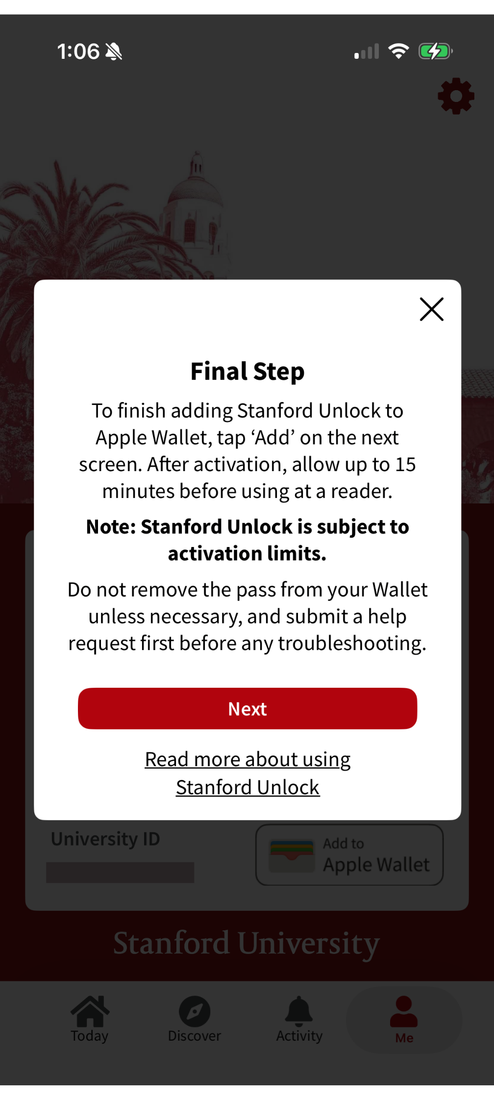 Final step prompt in iOS device with Next button option.