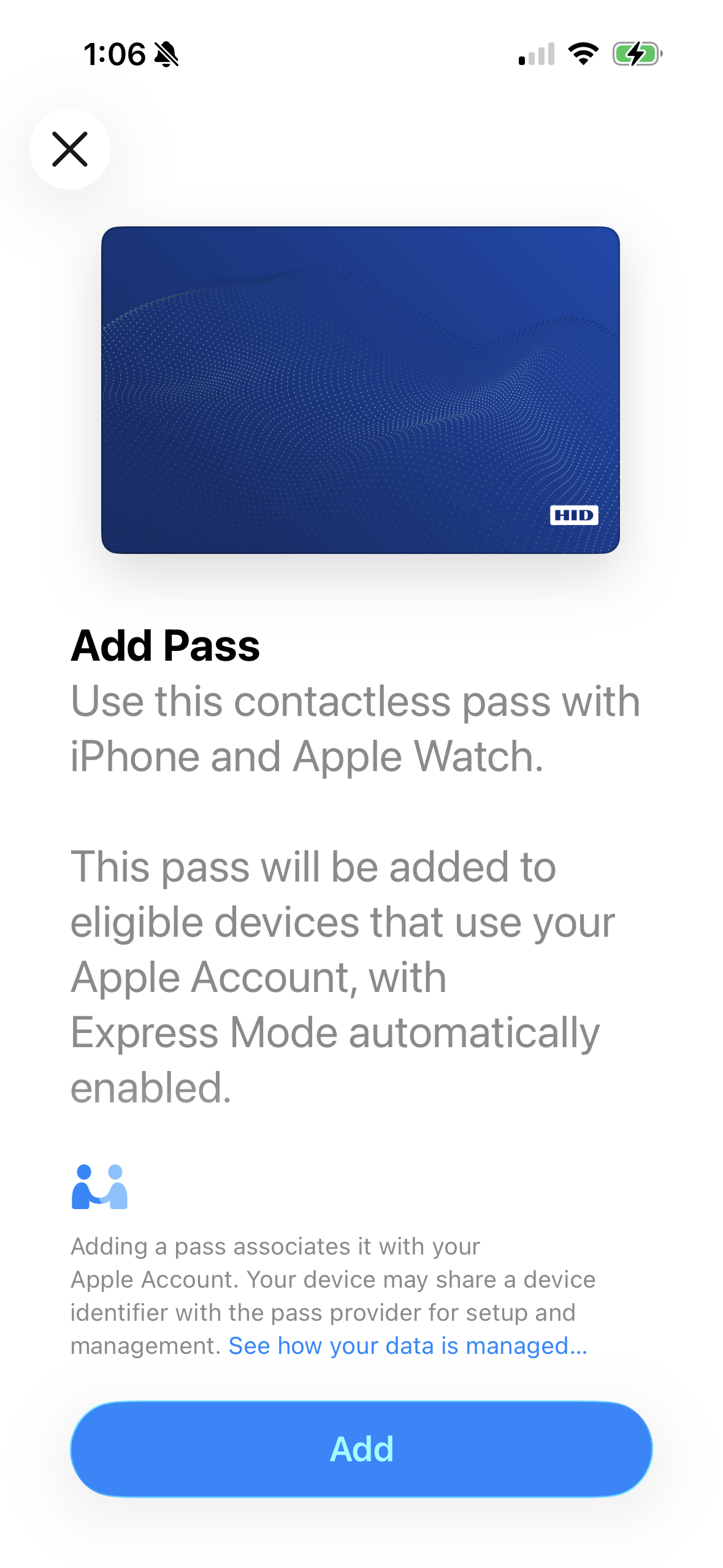 Add pass prompt, for iOS users, with an "Add" button.