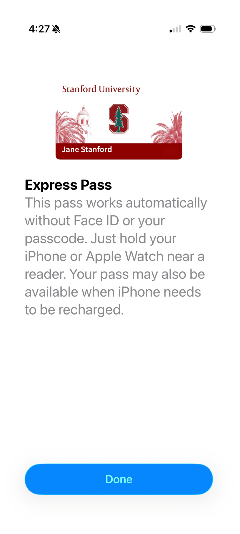 Apple express pass screen. Explains Express pass and has a "Done" button.