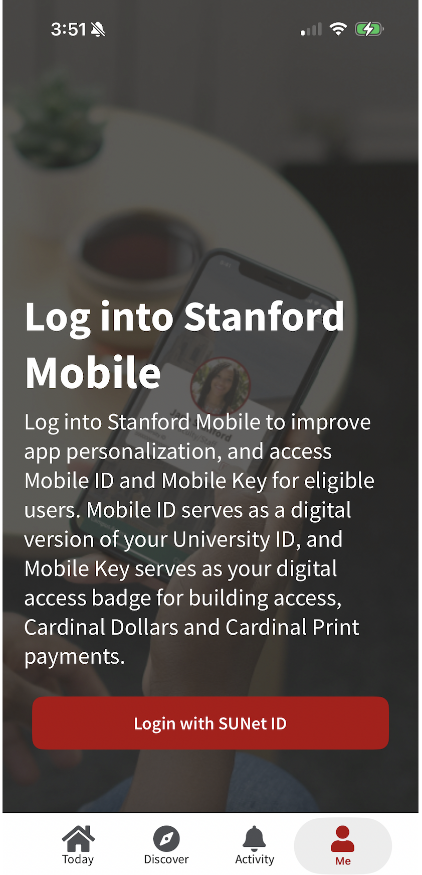 Log in screen for Stanford Mobile.