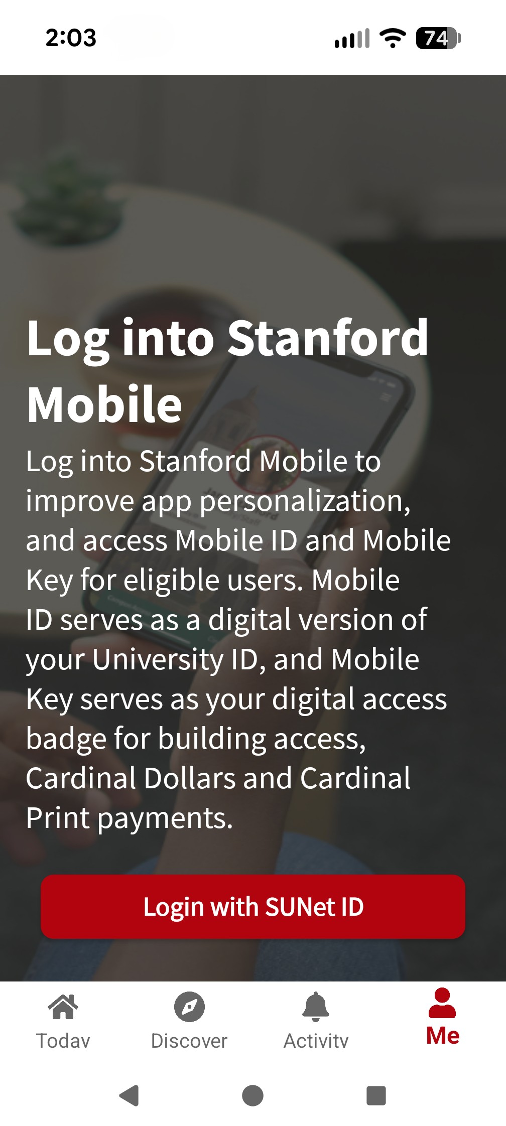 Login screen for Stanford Mobile