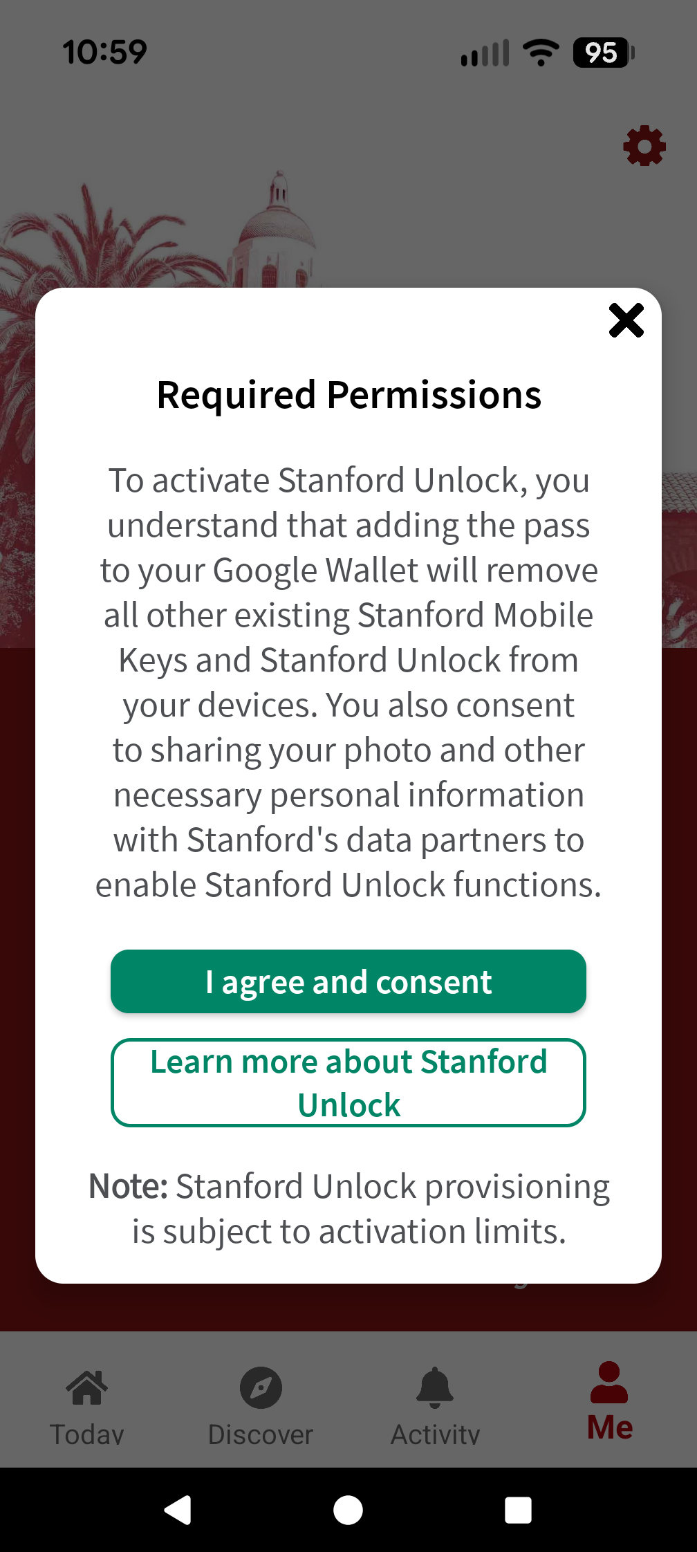 Required permission prompt. User can select "I agree and consent" or "Learn more about Stanford Unlock."