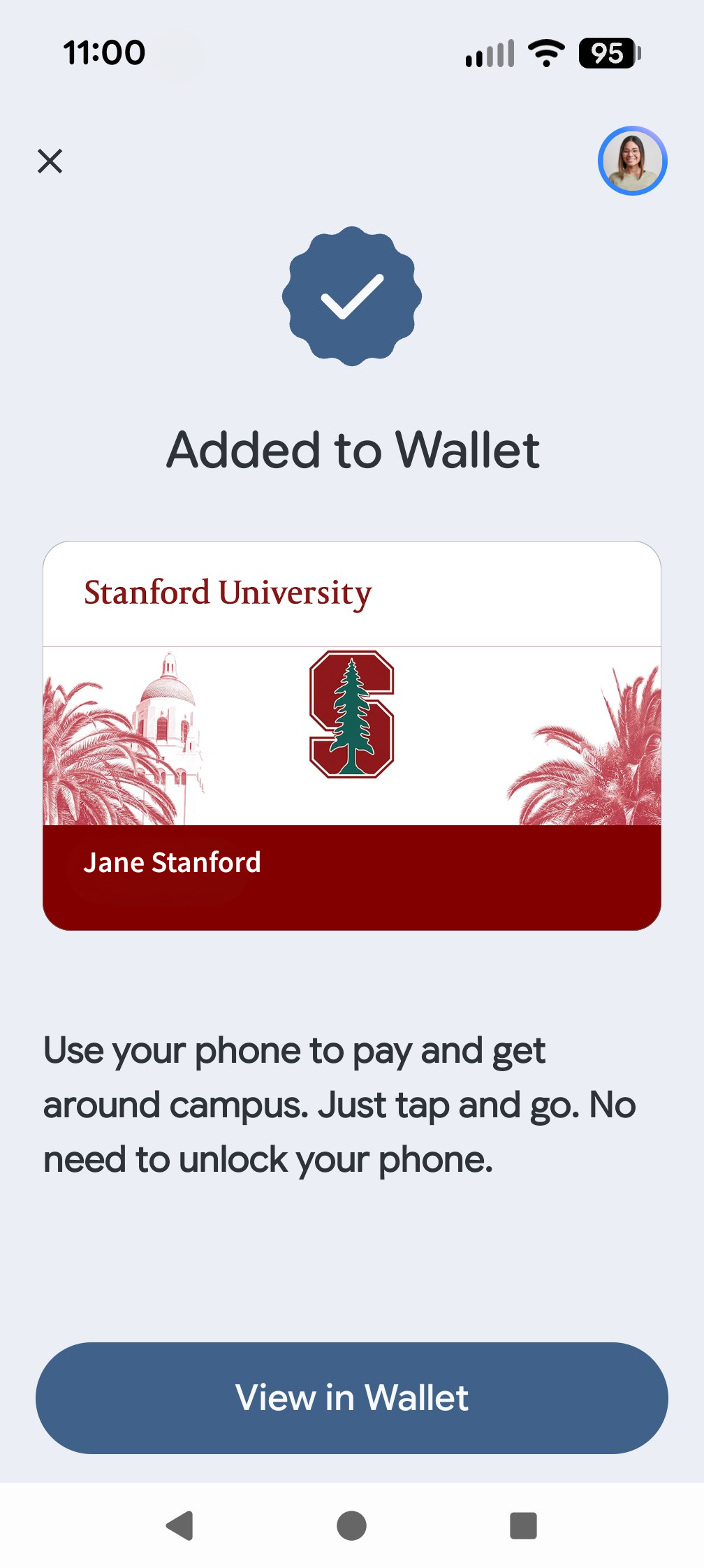 Added to wallet confirmation. User can select "View in Wallet" button.
