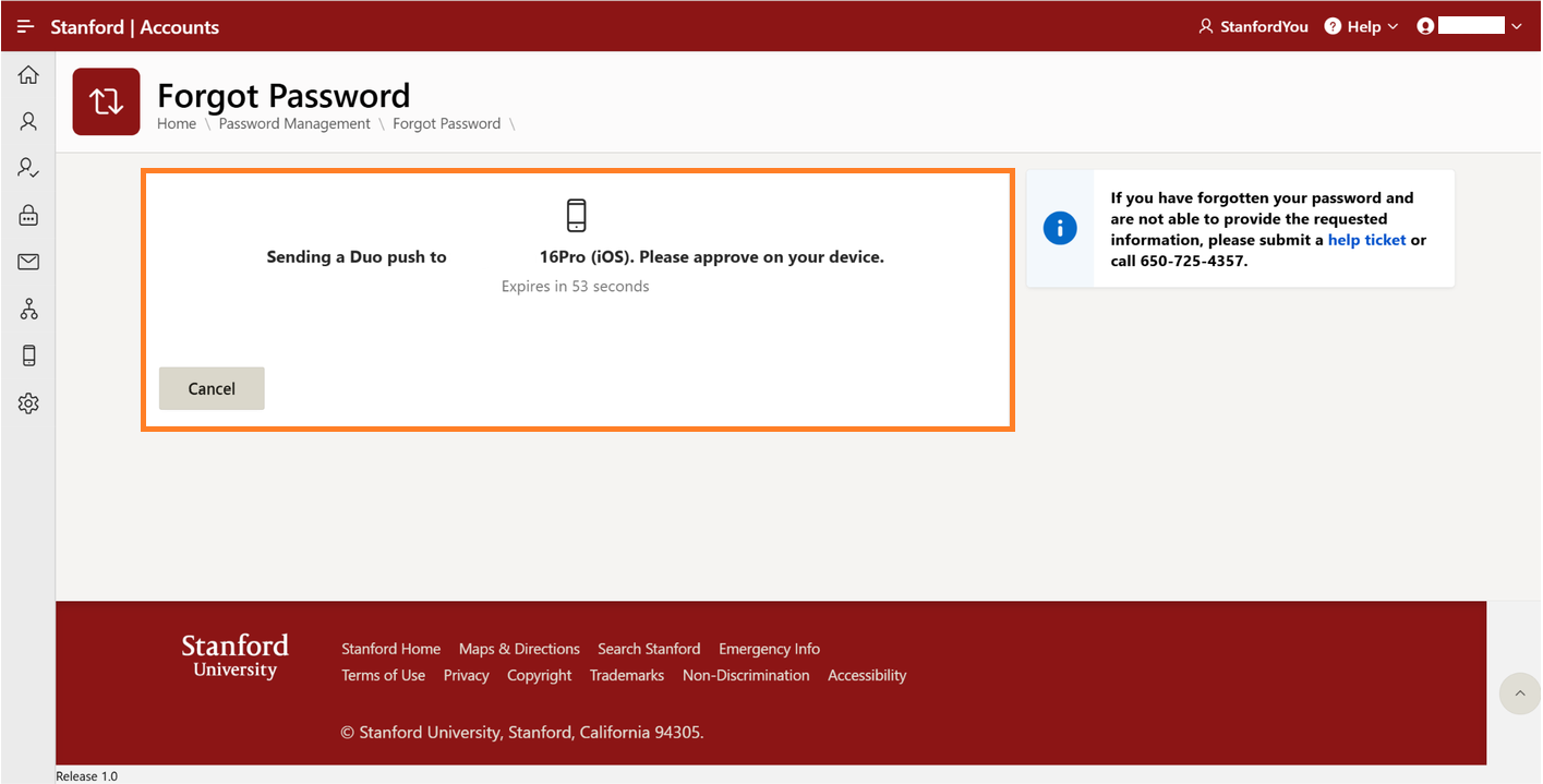 New Forgot Password page with Duo Push prompt