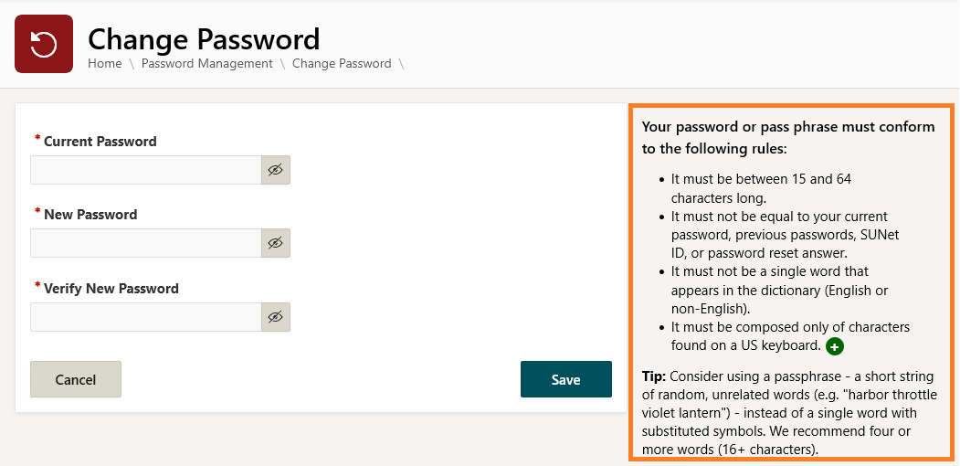 New Change Password page with updated section highlighted.