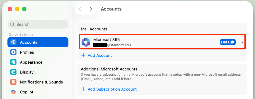 Microsoft 365 Account highlighted