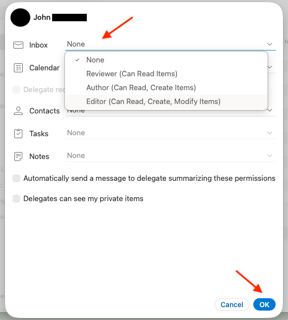 Choose the permissions you want to grant (highlighted) and select OK (highlighted)