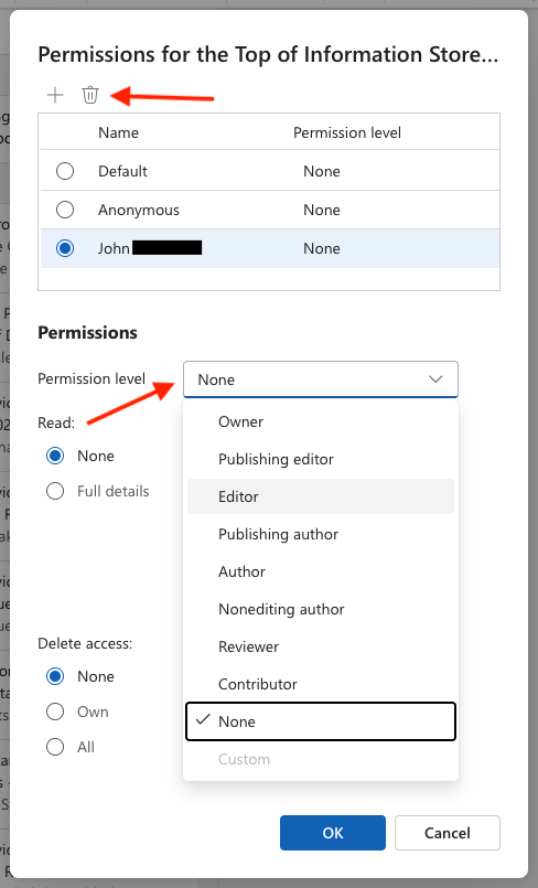 To remove a delegate, select their name (highlighted) and click the trash can icon (highlighted)