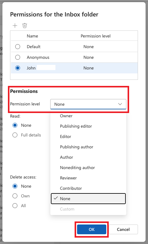 Choose permissions then select OK (highlighted)