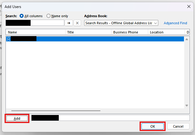 Search and select the person to whom you want to delegate access, Add and OK button highlighted