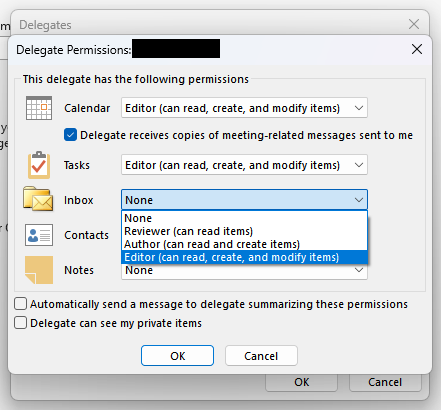 Choose permissions dropdown shown