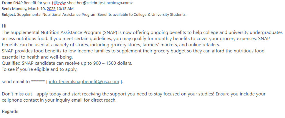 Supplemental Nutritional Assistance Program Benefits available to College & University Students.