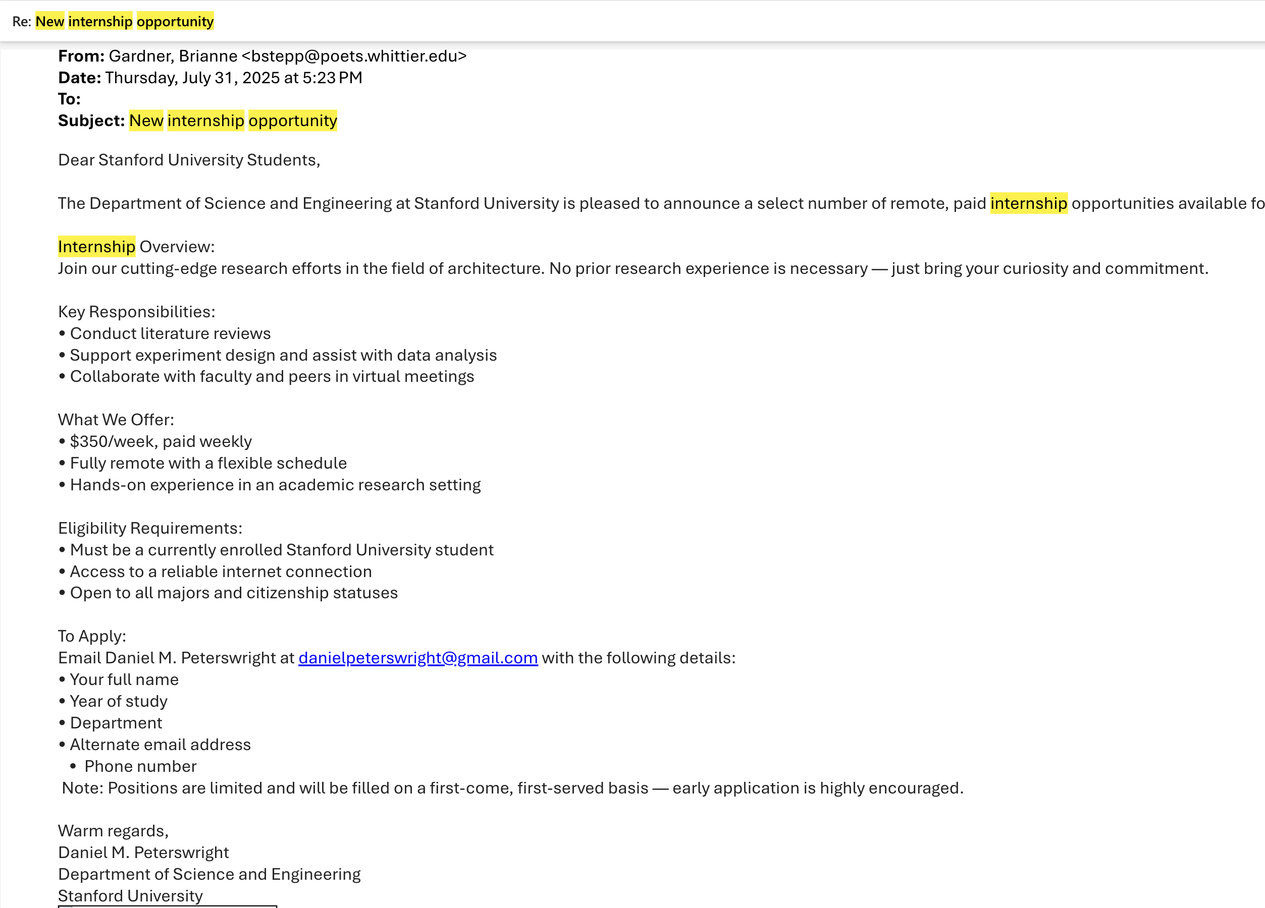 New internship opportunity
