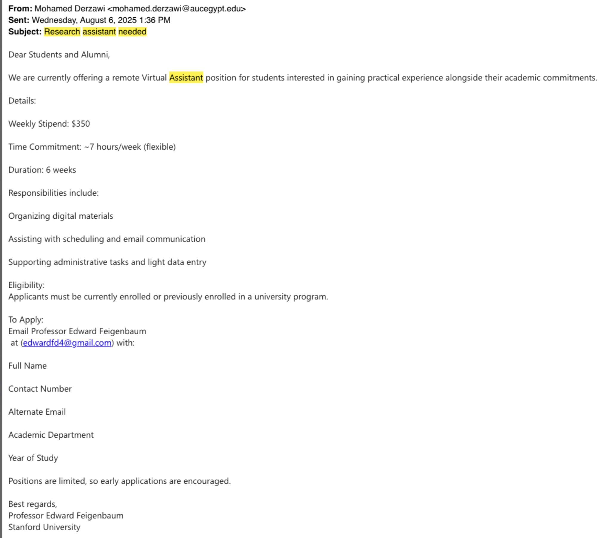 Research assistant needed