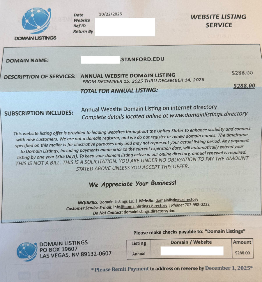 Domain Listing Scam - Do Not Fall for this Scam Letter