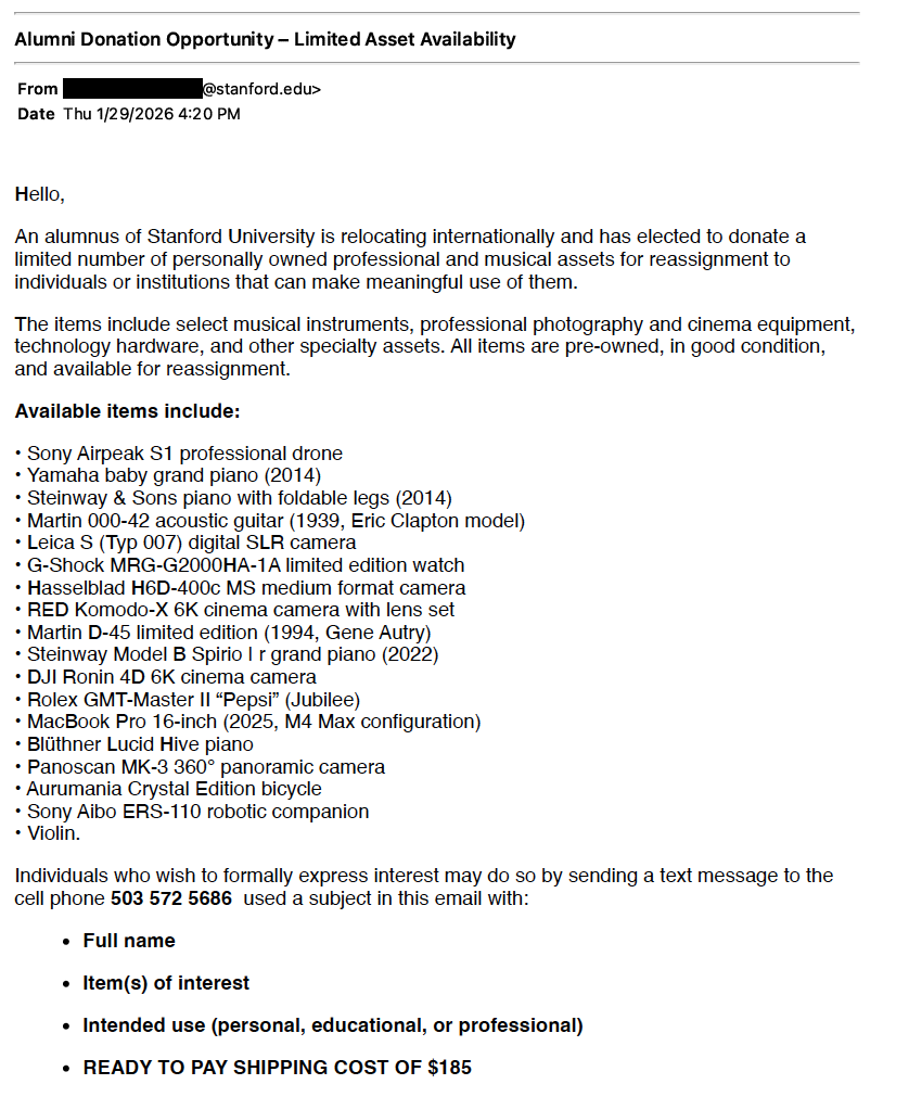 Alumni Donation Opportunity – Limited Asset Availability