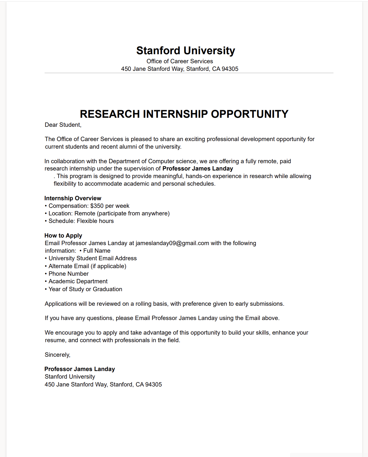 RESEARCH INTERNSHIP OPPORTUNITY