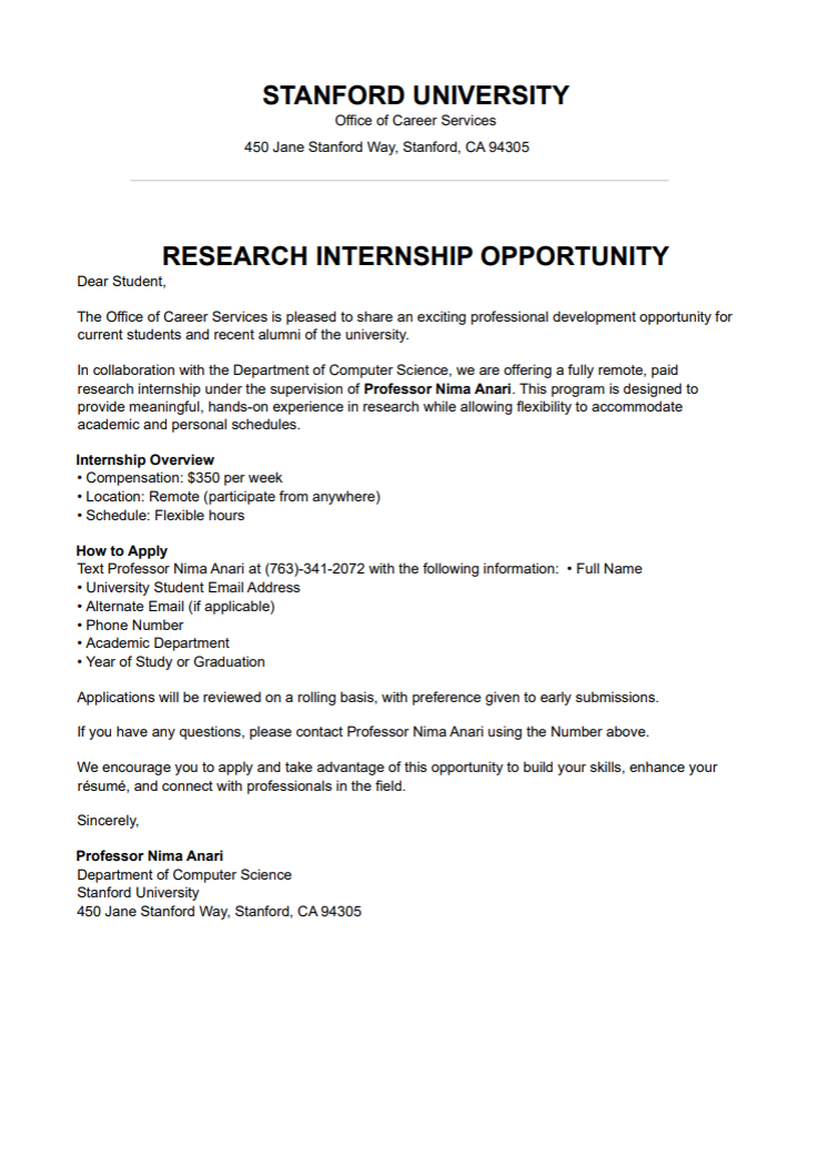 RESEARCH INTERNSHIP OPPORTUNITY
