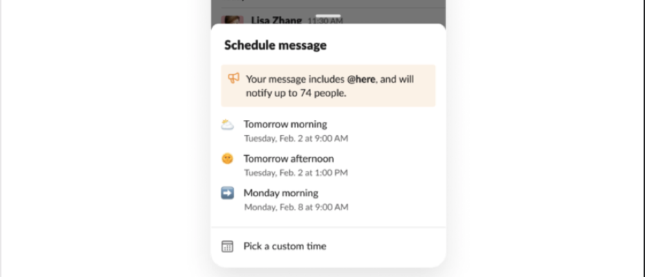 Screenshot of Slack Schedule message menu with Your message includes @here and will notify up to 74 people highlighted