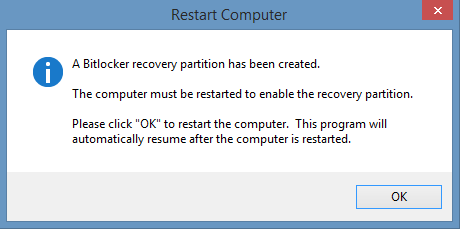 restart computer to enable BitLocker recovery partition