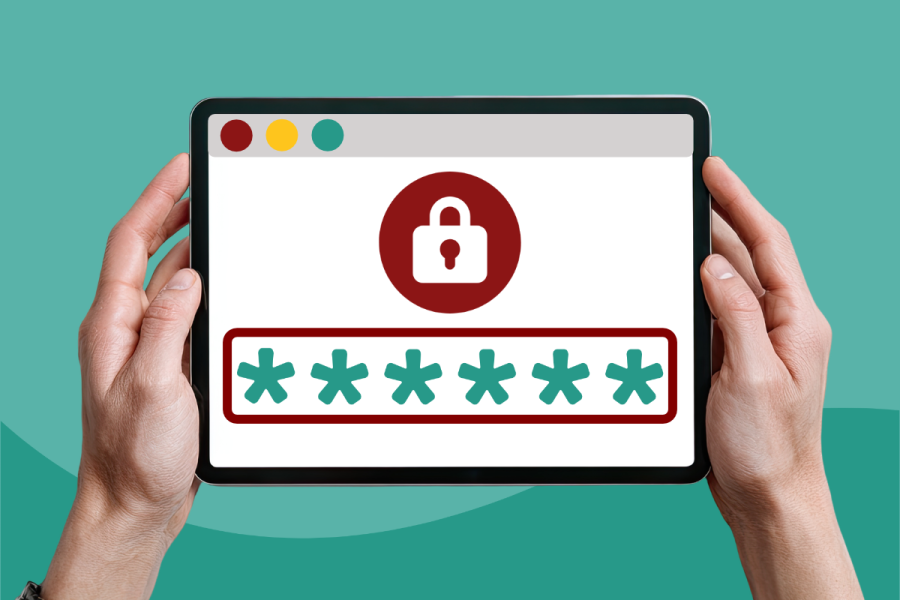 Hands holding a tablet with a lock and password symbols