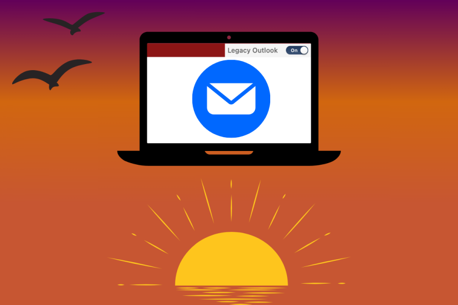 Laptop with Legacy Outlook floating over a sunset