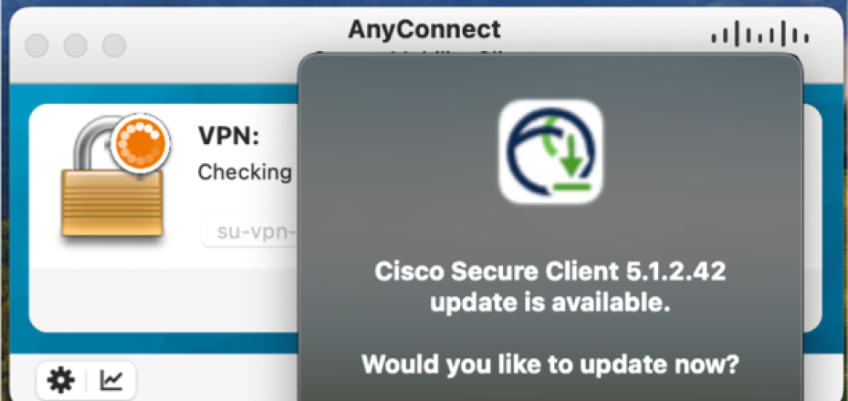 Screen shot of pop up display prompting a VPN upgrade.
