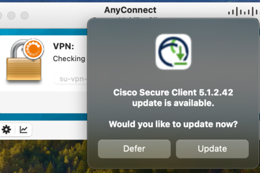 Screen shot of pop up display prompting a VPN upgrade.