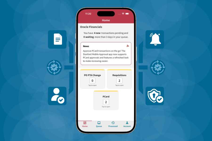 Graphical representation of the Stanford Mobile Approvals Homepage displayed on an iOS mobile device. 