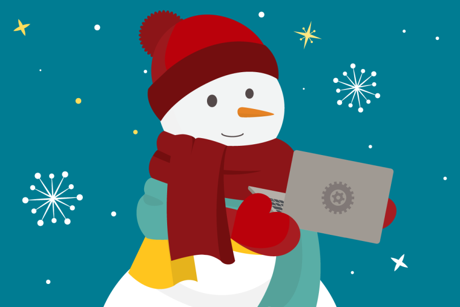 Snowman holding laptop