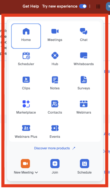 zoom product waffle menu displayed